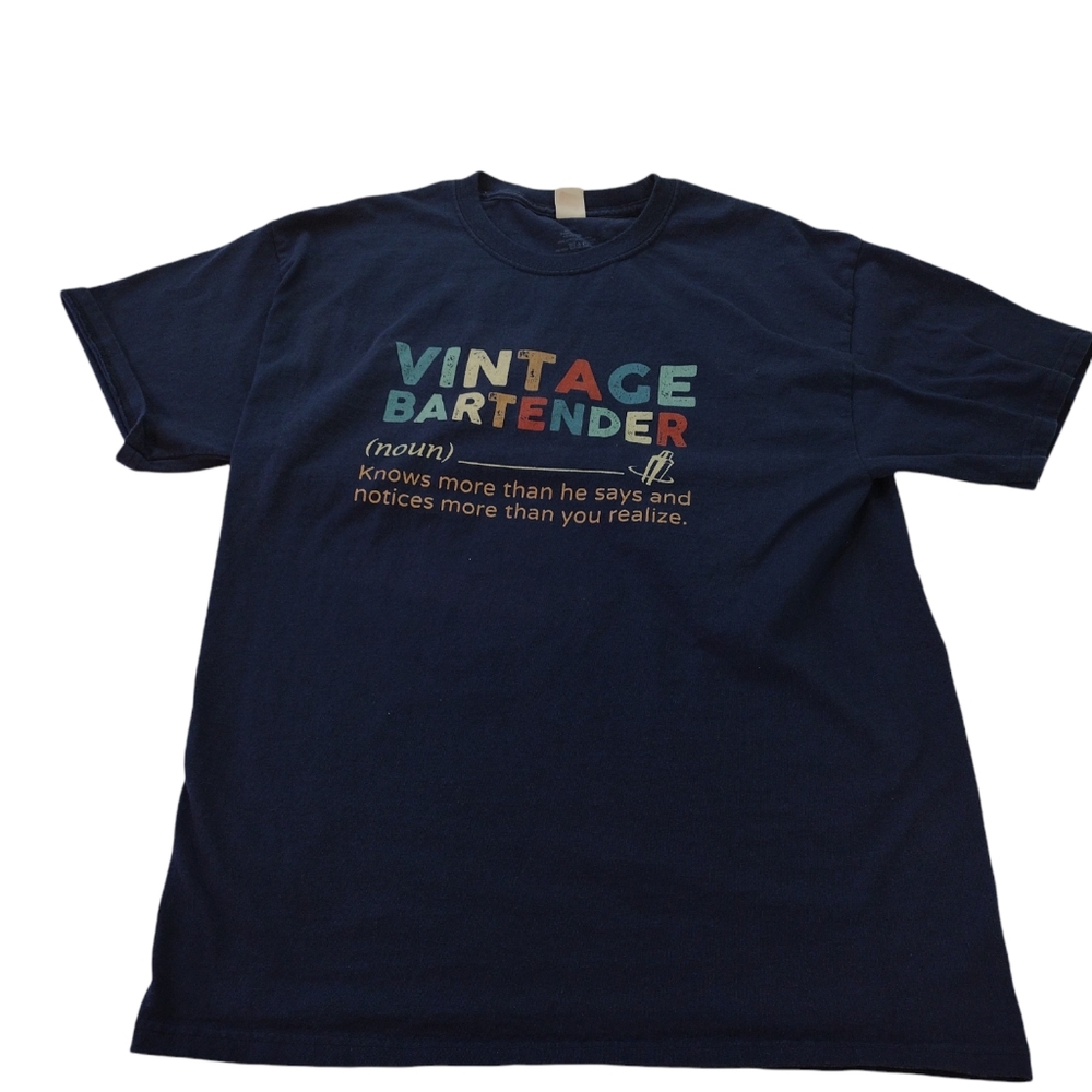 Hanes Bartender Funny T-shirt Men's Large Short Sleeve Dark Blue Cotton Used